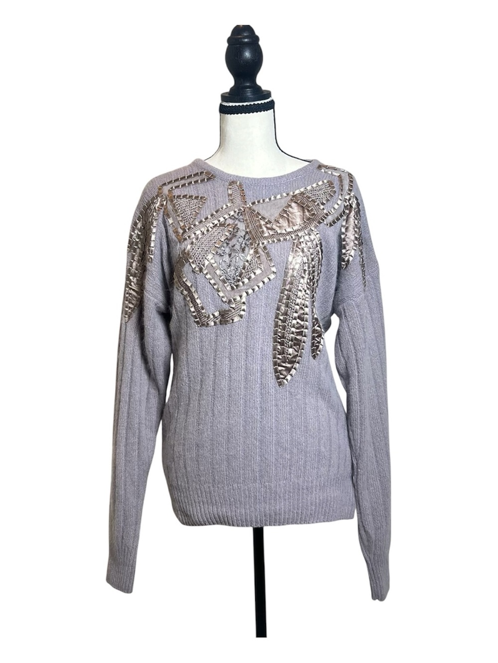 Vintage Richard Martin Lavender Gray Crewneck Sweater with Metallic Trim Preppy